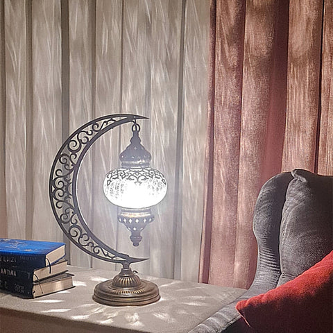 Turkish Moon Table Lamp Cracked Pattern Glass
