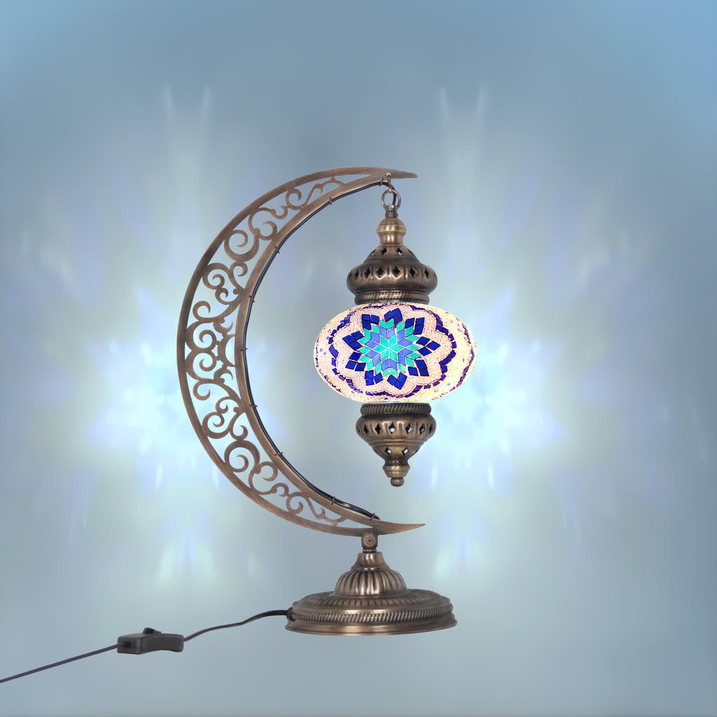 turkish standing light crescent stained glass white blue color