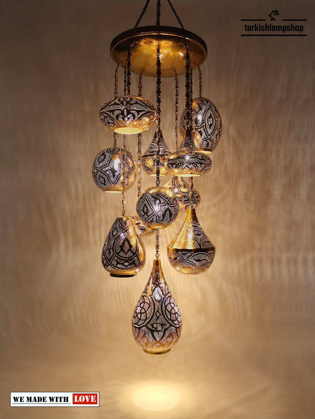 Moroccan Chandelier Large 11 Globe Different Pattern Shadov Effect