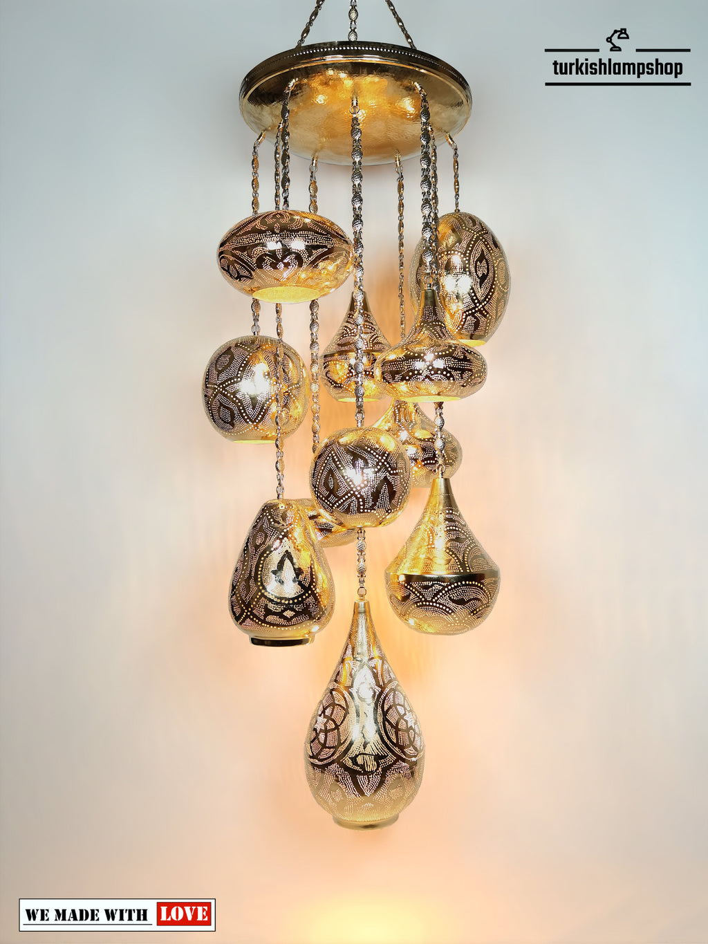 Moroccan Chandelier Large 11 Globe Gold Color