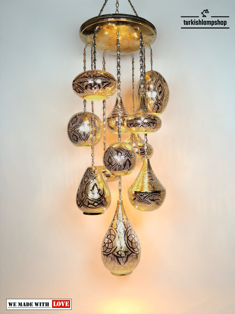 Moroccan Chandelier Large 11 Globe Gold Color